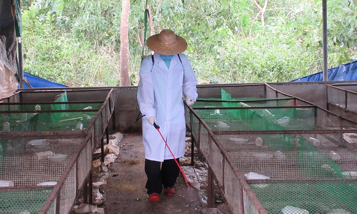 10月20日，災(zāi)區(qū)科技救助隊隊員對雞場進行防疫消毒(黨委宣傳部 邱丹丹攝影).jpg
